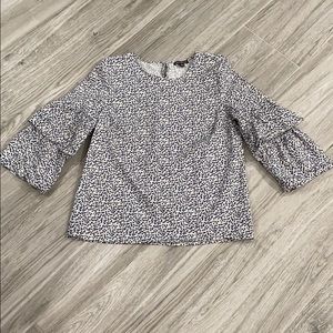 J. Crew White and Navy Dot Ruffle Sleeve Blouse